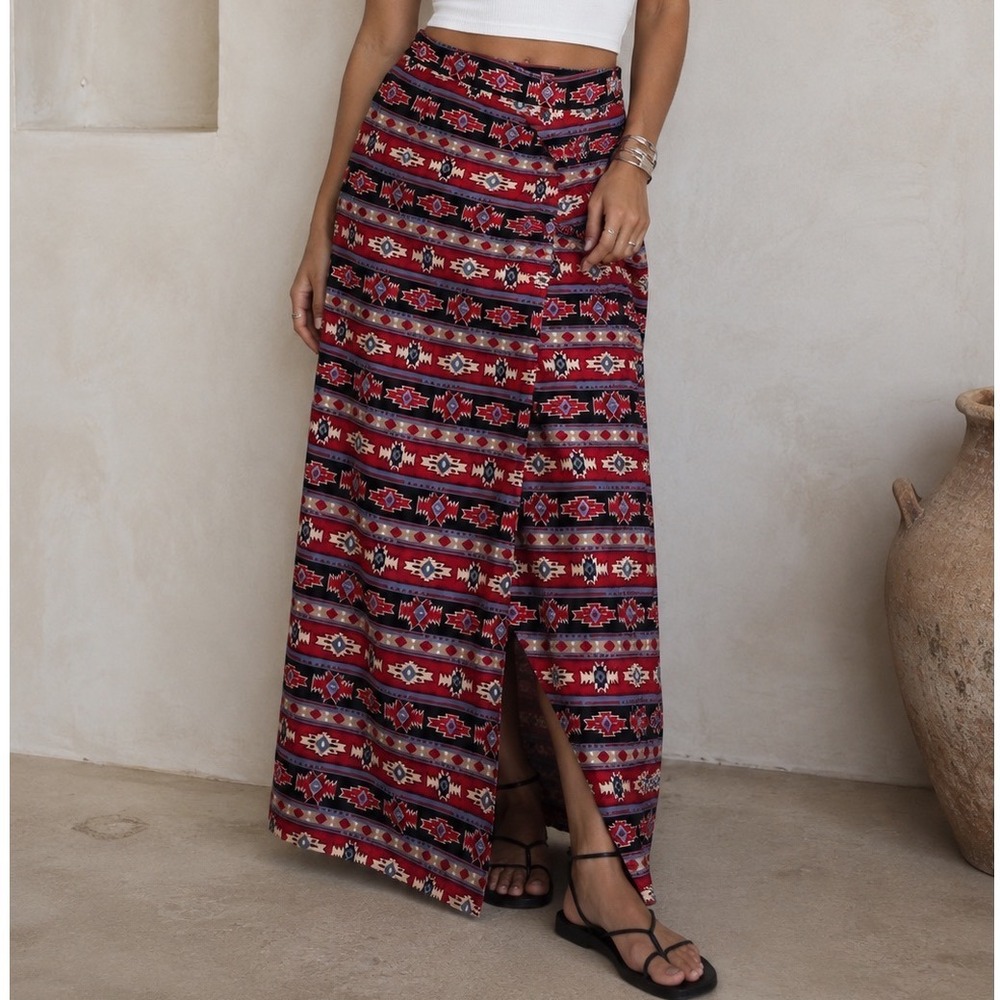 Sun River Clothing Co Womens Red Southwestern Cotton Wrap Maxi Skirt vtg S t1